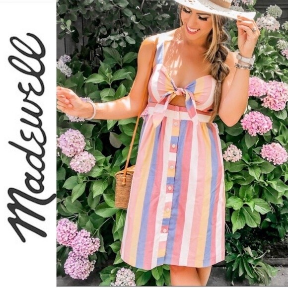 Madewell Tie Front Boho Cutout Button Front Summer Sun Dress Sherbet Stripe 00 - Picture 2 of 14